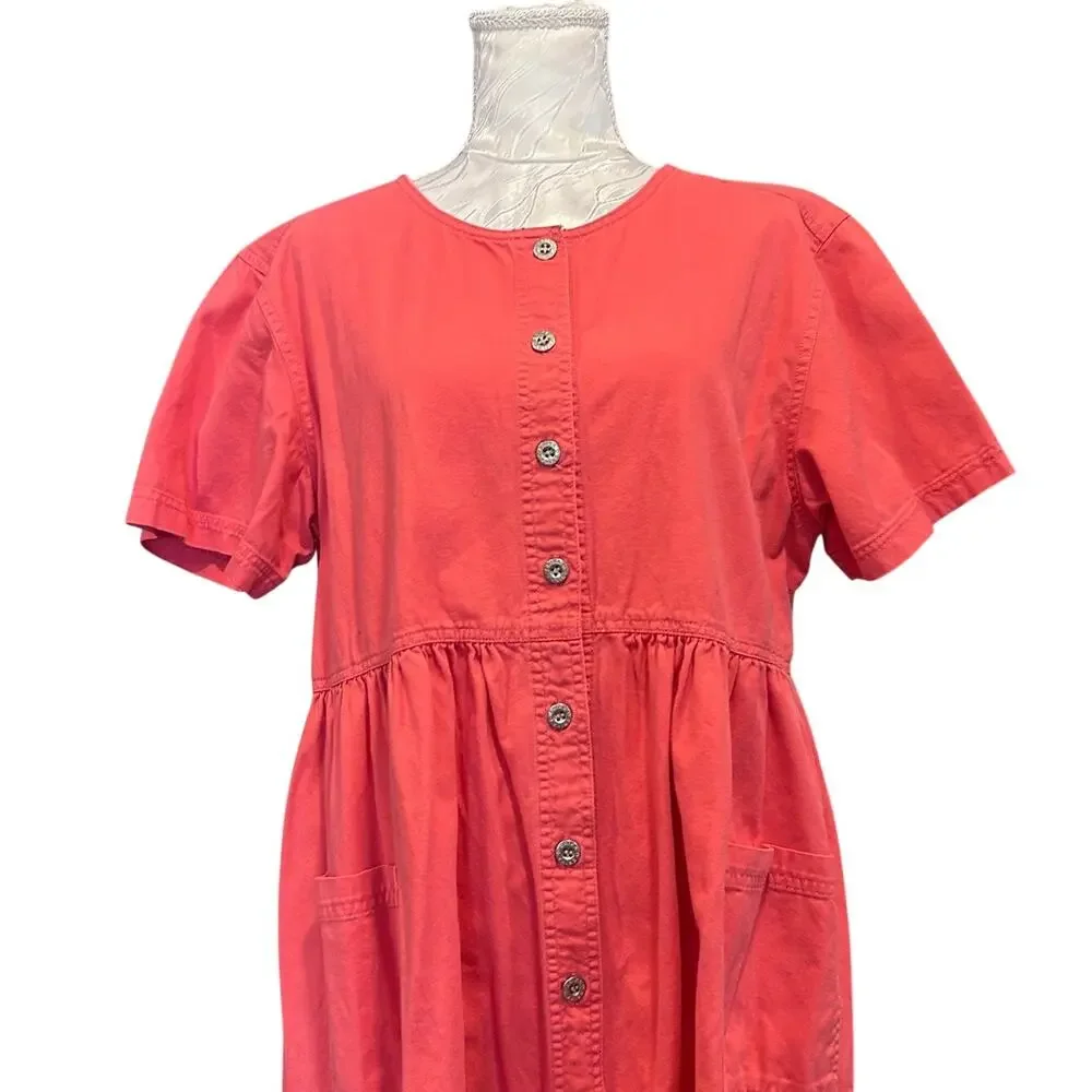 Vintage 90s Coral Cotton Button-Front Empire Waist Midi Dress Cottagecore XL